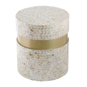 16 Inch Stool Table, Wood, Capiz Shell Leaf Inlay, Modern, Gold Band, Ivory