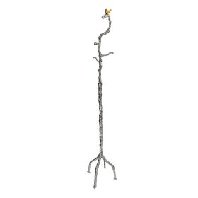 71 Inch Modern Aluminum Coat Stand, Branch Accent, Perched Bird, Silver