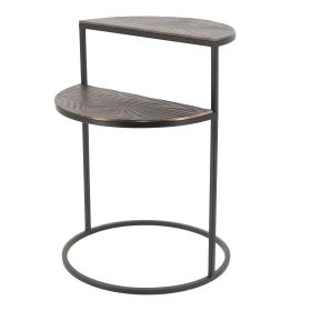 22 Inch Modern Metal Round Accent Table, 2 Half Circle Shelves, Wood, Brown