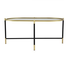 43 Inch Elongated Mirror Top Coffee Table, Iron Frame, Gold Finish, Black