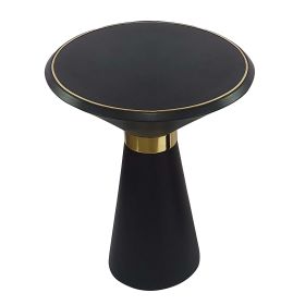 22 Inch Round Mango Wood Side Table, Smooth Brass Accents, Black Finish