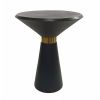 22 Inch Round Mango Wood Side Table, Smooth Brass Accents, Black Finish