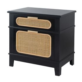 Dana 27 Inch Bedside Table, 2 Rattan Drawers, Pine Wood, Black, Brown