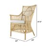 23 Inch Rattan Dining Armchair, White Fabric Padded Seat, Natural Brown