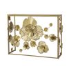 39 Inch Mirrored Top Console Table, Elegant Floral Design, Iron, Matte Gold
