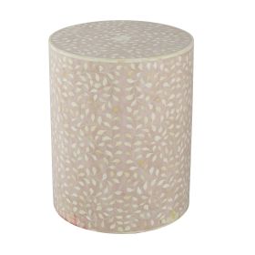20 Inch Round Side End Table, Filigree Bone Inlay, Wood, Pale Pink, White