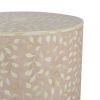 20 Inch Round Side End Table, Filigree Bone Inlay, Wood, Pale Pink, White