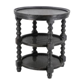 Jake 25 Inch 3 Tier Side Table, Fir Wood, 2 Woven Wicker Shelves, Black