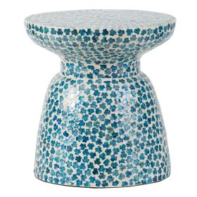 Ivy 16 Inch Round End Side Table, Bamboo Platform, Mosaic, Blue, White