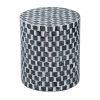 16 Inch Accent Stool Table, Drum Shape, Wood With Mosaic, White, Black