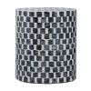 16 Inch Accent Stool Table, Drum Shape, Wood With Mosaic, White, Black