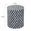 16 Inch Accent Stool Table, Drum Shape, Wood With Mosaic, White, Black