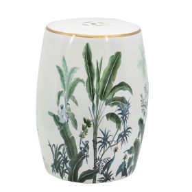 18 Inch Ceramic Accent Table, Drum Shape, Tropical Leaves Print, White, Green