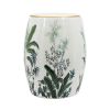 18 Inch Ceramic Accent Table, Drum Shape, Tropical Leaves Print, White, Green