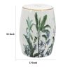 18 Inch Ceramic Accent Table, Drum Shape, Tropical Leaves Print, White, Green