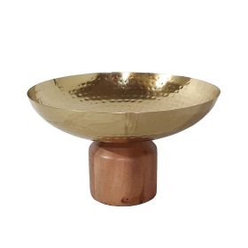 Roe 12 Inch Large Acacia Wood Table Bowl, Steel, Decorative, Gold and Brown