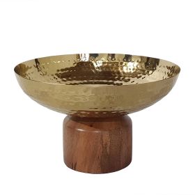 Roe 8 Inch Small Acacia Wood Table Bowl, Steel, Decorative, Gold and Brown