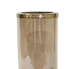 11 Inch Glass Hurricane Candle Holder, Acacia Wood, Small, Gold FInish