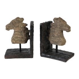Ari Set of 2 Classic Bookends, Horse Bust, Polyresin, Metal, Brown, Black