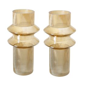 Rae Set of 2 Glass Vases, Tall Round Cylinders, Amber Yellow, Clear Finish