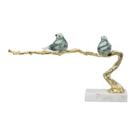Sue 25 Inch Accent Decor Sculpture, 2 Birds Sitting on Branch, Gold, White