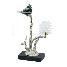 Sue 15 Inch Accent Decor Figurine, Bird on a Branch, Flower, Black, Silver
