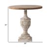 31 Inch Round Accent Side Table, Fir Wood, Engraved, Brown, Antique White