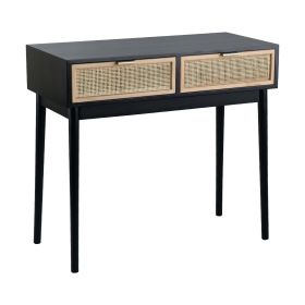Ela 35 Inch 2 Drawer Wood Console Table, Woven Rattan Panels, Brown, Black