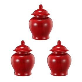 6 Inch Small Ginger Jar, Lidded, Porcelain, Bell Shape Set of 3, Red