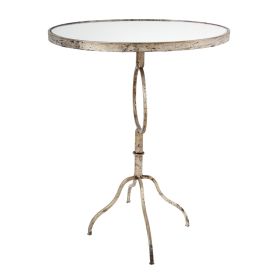 28 Inch Accent Side Table, Oval Mirror Top, Metal Base, Rustic Gold Finish