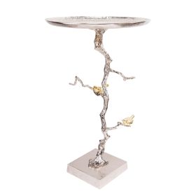 28 Inch Accent Table, Artful Branch Like Frame, Gold Bird Accents, Silver