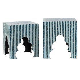 Lez 18, 20 Inch Capiz Accent Table Stool, Set of 2, Blue, White Mosaic Look