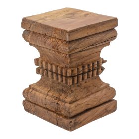 20 Inch Accent Table, Rustic Pillar Pedestal with Scrolled Carvings, Brown