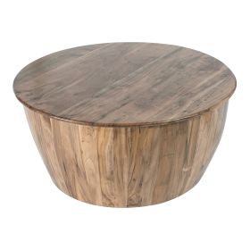 37 Inch Round Coffee Table, Drum Shape, Mango and Sheesham Wood, Brown