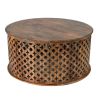 35, 34 Inch Coffee Table Set of 2, Mango Wood Lattice Design, Brown