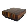 32 Inch Rustic Coffee Table, Teak Wood Plinth Base, Grain Details, Brown