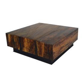 32 Inch Rustic Coffee Table, Teak Wood Plinth Base, Grain Details, Brown