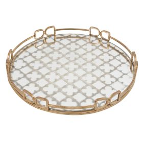 Sui 18 Inch Round Decorative Tray, Glass Bottom and Gold Geometric Frame