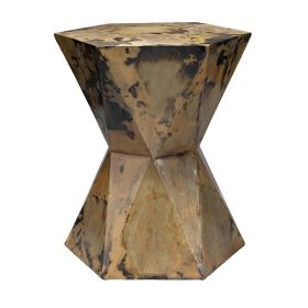 19 Inch Modern Side End Table, Hourglass Shape, Iron Patina Finish, Gold