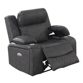 Xiu 38 Inch Power Recliner Chair, USB Port, Storage, Gray Faux Leather