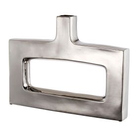 16 Inch Modern Vase, Artisanal Keyhole Design, Metallic Silver Stoneware