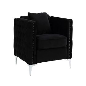 Zion 34 Inch Accent Chair with Throw Pillow, Handmade Tufted, Black Velvet