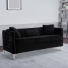 Joel 73 Inch Modern Sofa with 3 Pillows, Tufted Black Velvet, Silver Legs