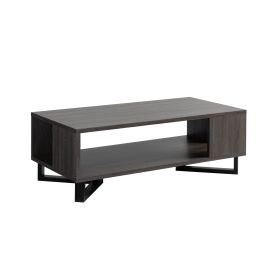 47 Inch Modern Coffee Table, Abstract Style, Open Shelf, Distressed Gray