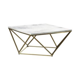 36 Inch Modern Square Coffee Table, White Faux Marble Top, Slender Gold Base