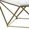 36 Inch Modern Square Coffee Table, White Faux Marble Top, Slender Gold Base