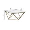 36 Inch Modern Square Coffee Table, White Faux Marble Top, Slender Gold Base