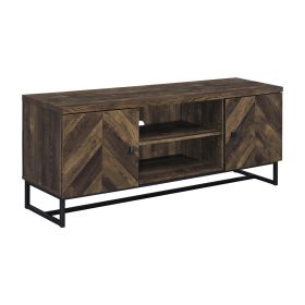 60 Inch TV Media Console Cabinet, 2 Herringbone Doors, Rustic Brown Wood