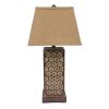 29 Inch Industrial Table Lamp, Linen Shade, Honeycombed Metal Base, Set of 2, Khaki