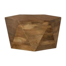 35 Inch Wood Drum Coffee Table, Artisan Hexagonal Rich Natural Brown Finish